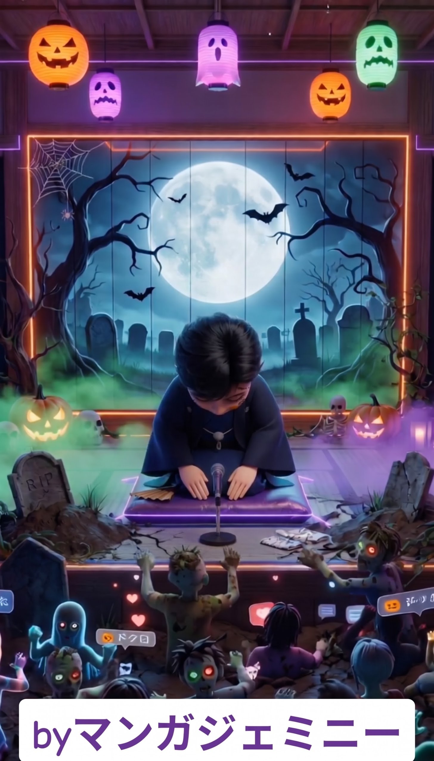 ハロウィンの夜の高座で頭を下げる噺家と、ゾンビやおばけの観客